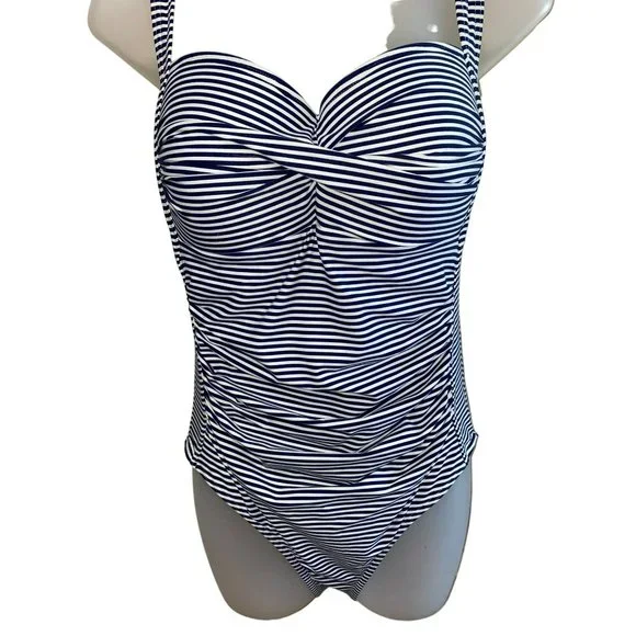 One Piece Niptuck Striped Swimsuit: Navy & White Nautical Beach Coastal Size 10 - Picture 7 of 12